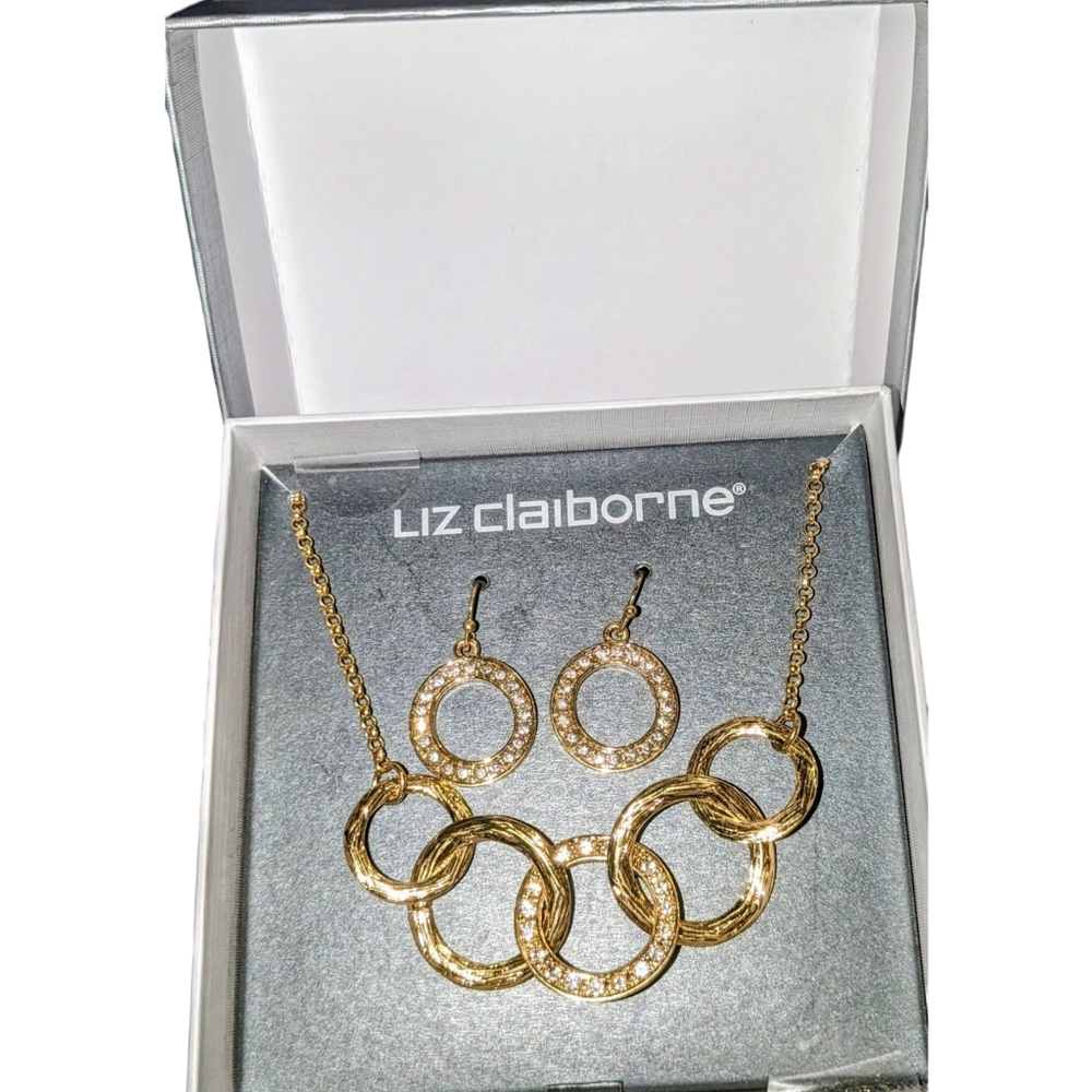 Liz Claiborne necklace and earrings. New, Gold tone circles with rhinestones